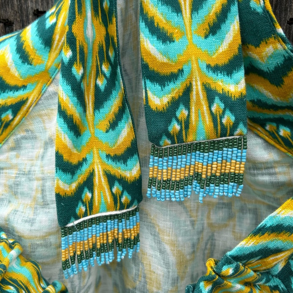 NWT Farm Rio Tropical Tapestry Halter Linen Maxi Sun Dress Off White Green M - Picture 13 of 16